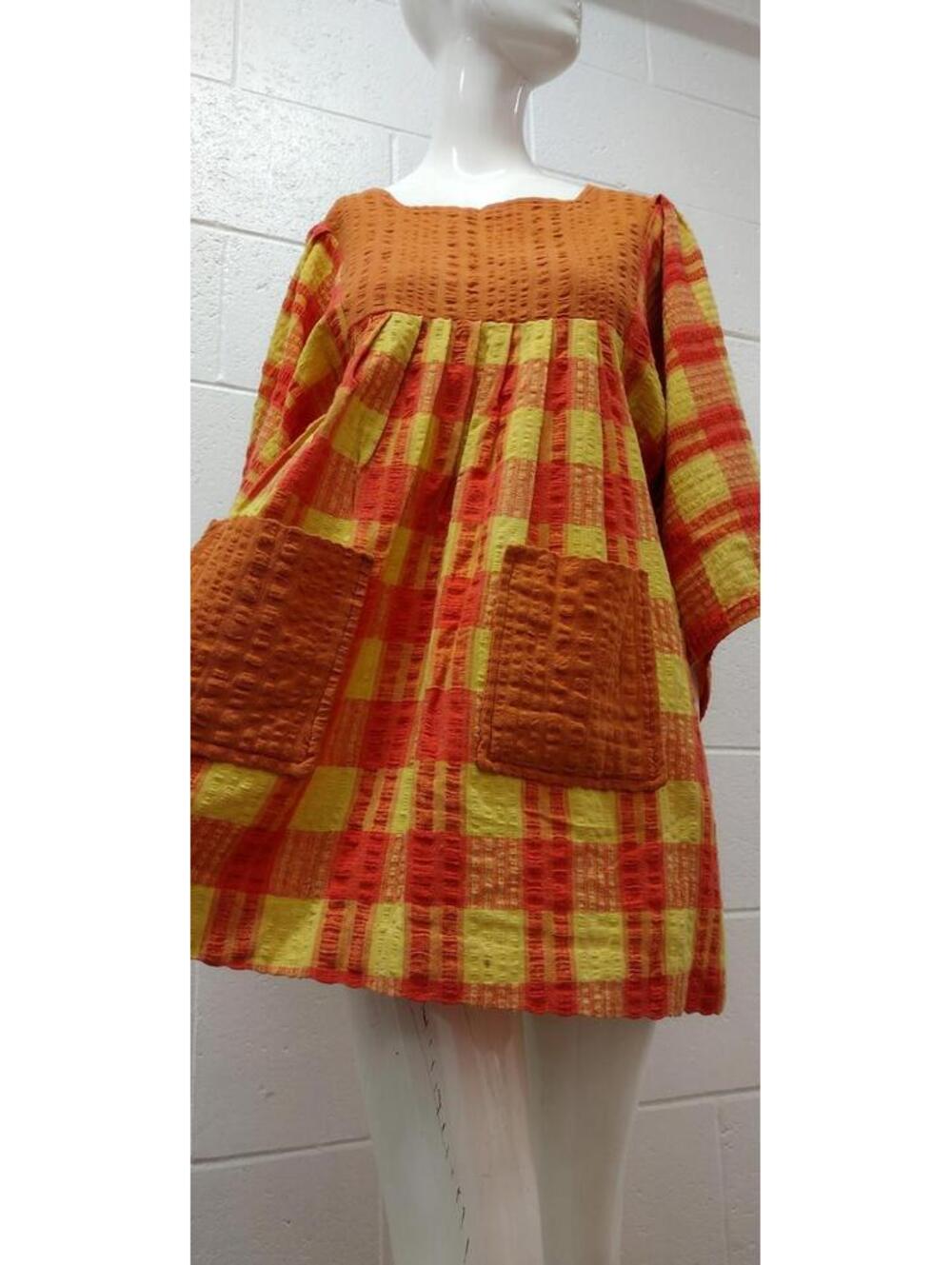 Vintage 70s 60s Karavan Bohemian Top Wide Kimono Sleeve Checkered Yellow Orange